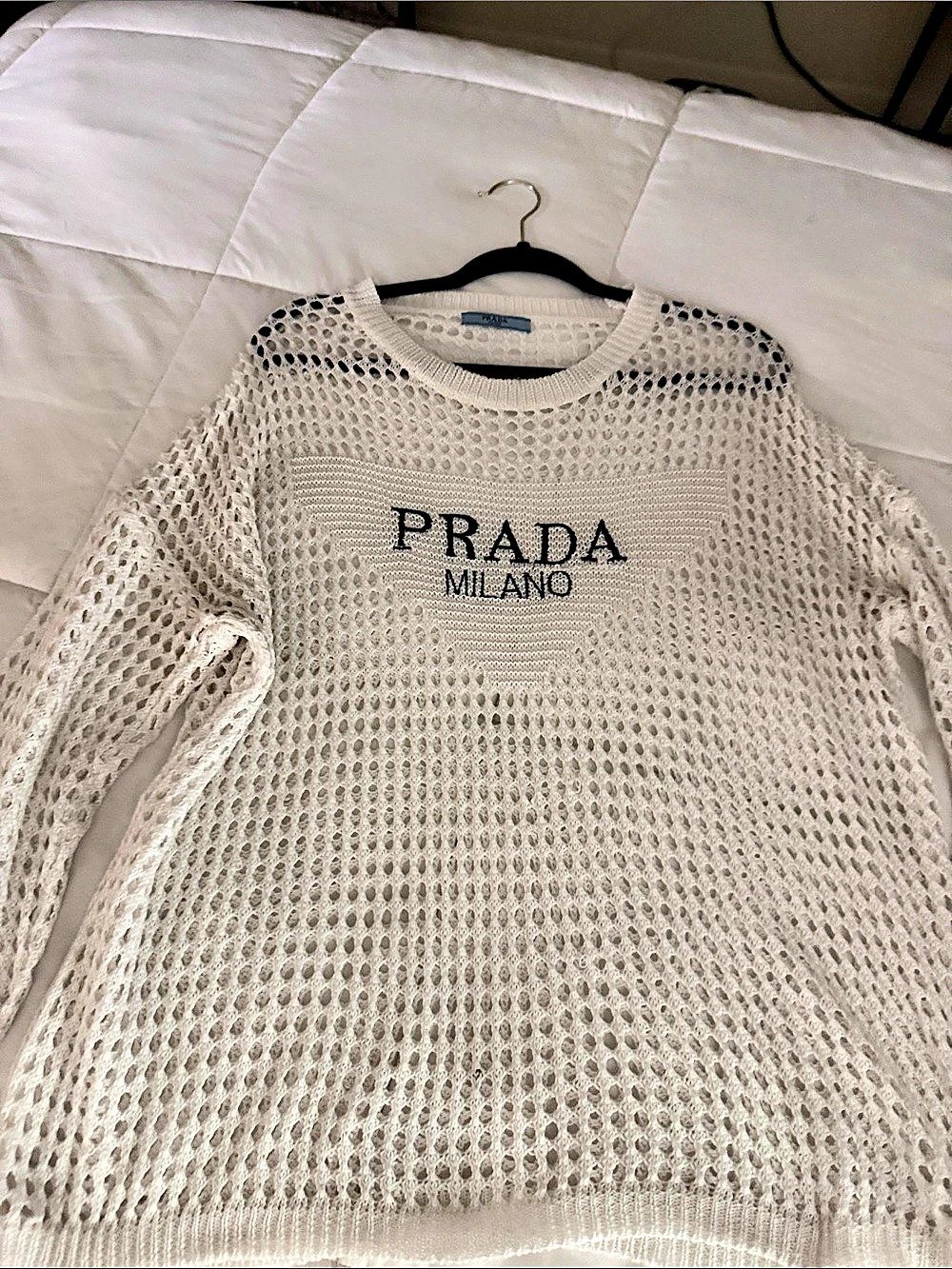 Prada White Mesh Knit Crewneck Sweater Like New